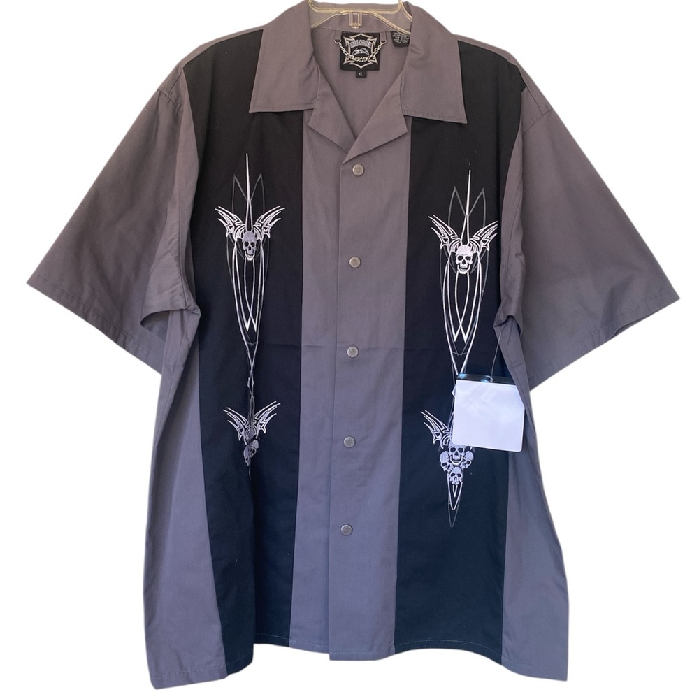 Hard Chrome Men's Biker Gray Black Skull Short Sleeve Snap Down Shirt Sz XL